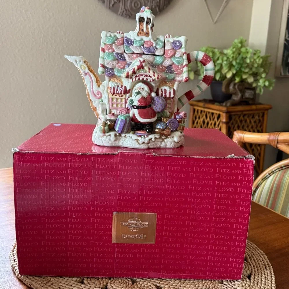 NIB Fitz and Floyd Candy Lane Ceramic Teapot with Multicolor Accents Christmas
